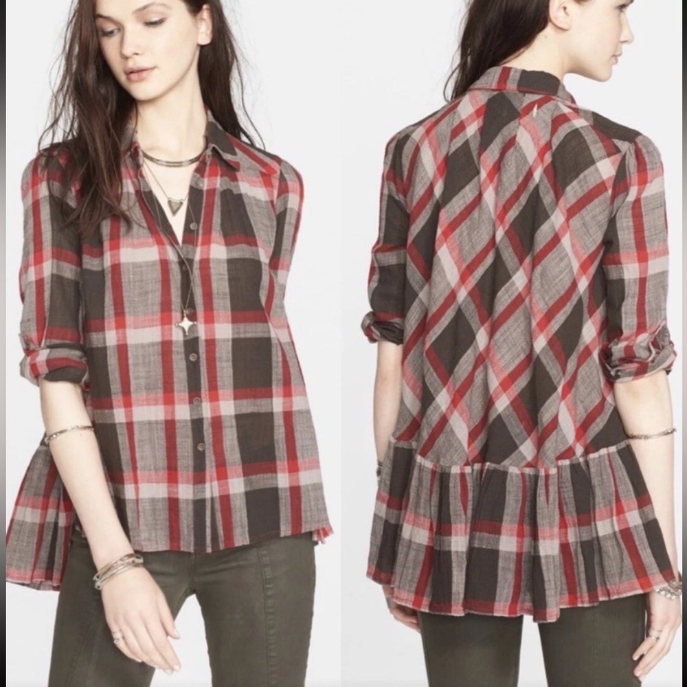 Free People Peppy Plaid Ruffle Blouse XS Red Gray Grunge Peplum Button Up Boho